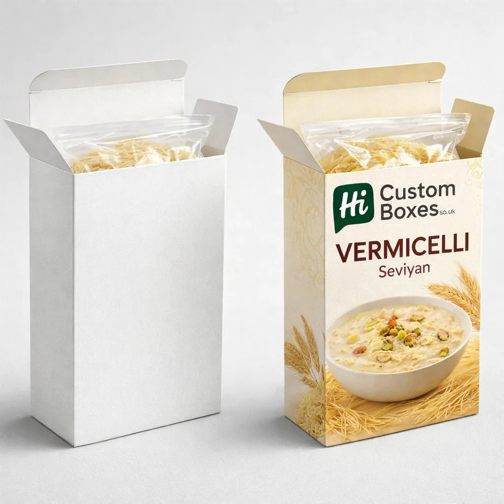 Vertical cereal-style boxes for vermicelli Seviyan with one blank template and one fully branded design.